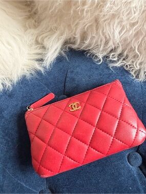 CHANEL Red Quilted Leather Zip Pouch with Gold CC